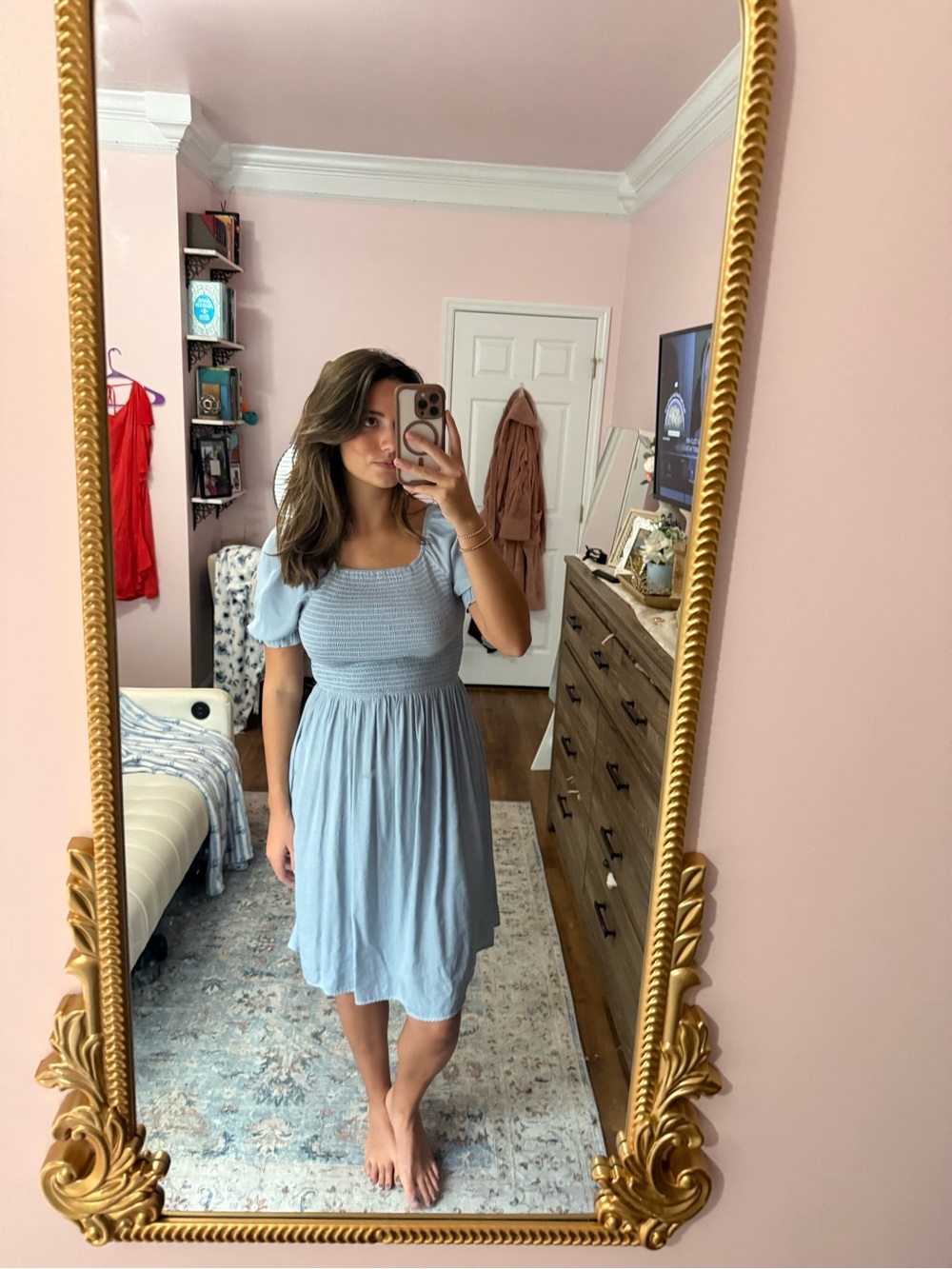 Mikarose Dusty Blue Smocked Puff Sleeve Midi Dress